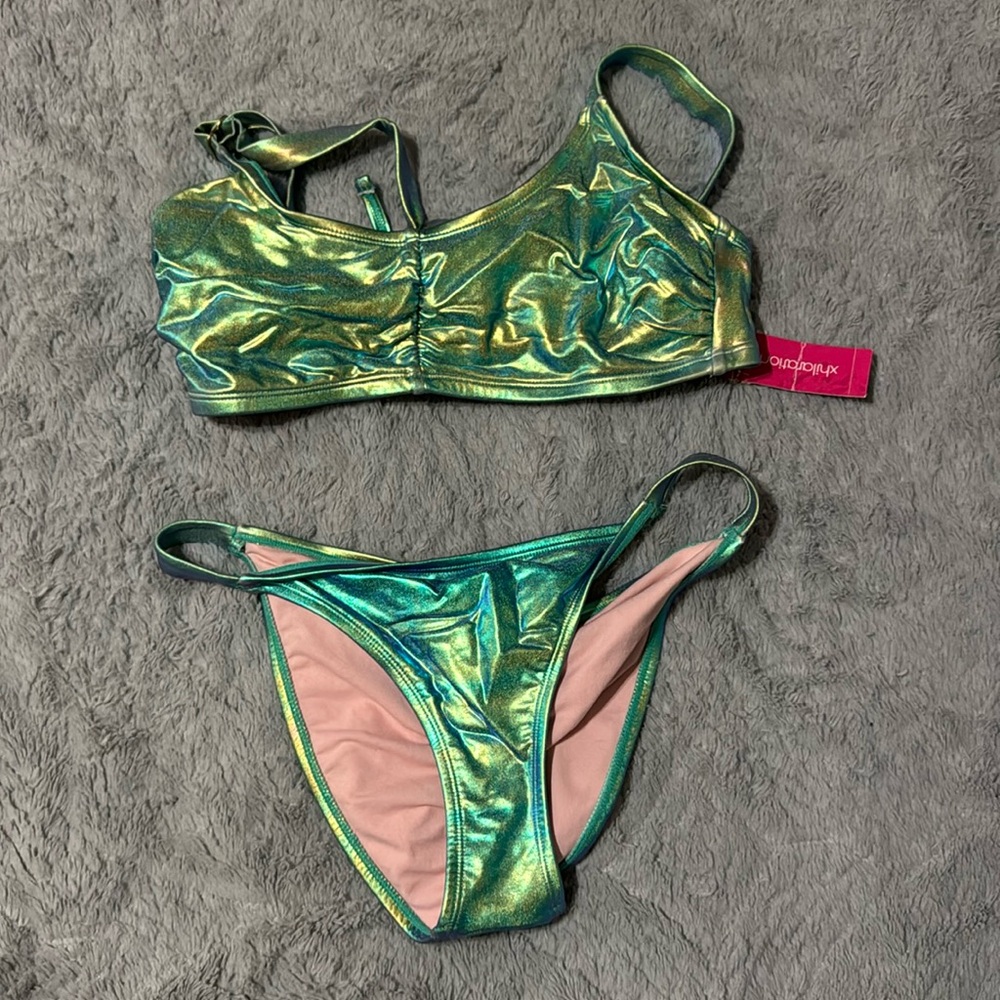 Xhilaration metallic green two-piece swimsuit